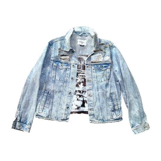 cut and sew distressed denim jacket